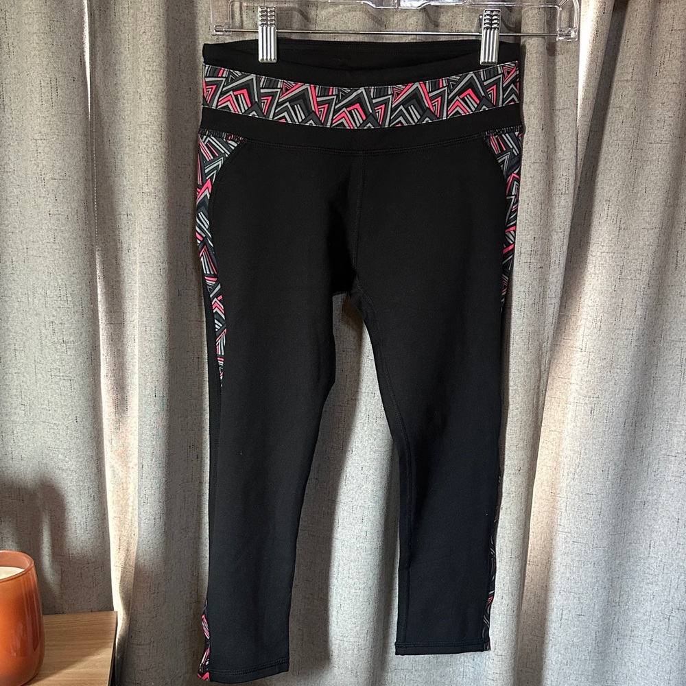 Fabletics Black Leggings with Pink Geometric Accents